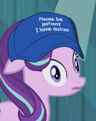 Size: 342x432 | Tagged: safe, edit, edited screencap, screencap, character:starlight glimmer, species:pony, species:unicorn, episode:the crystalling, g4, my little pony: friendship is magic, autism, cap, clothing, cropped, derp, dilated pupils, faec, female, floppy ears, frown, hat, mare, meme, open mouth, please be patient i have autism, solo, wat, wide eyes