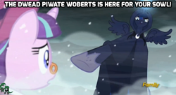 Size: 1024x559 | Tagged: safe, edit, edited screencap, screencap, character:princess luna, character:snowfall frost, character:starlight glimmer, species:pony, episode:a hearth's warming tail, g4, my little pony: friendship is magic, andre the giant, caption, discovery family logo, frown, glare, glowing horn, magic, pointing, snow, snowfall, spirit of hearth's warming yet to come, spread wings, the princess bride, wings
