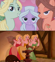 Size: 1236x1388 | Tagged: safe, edit, screencap, character:dear darling, character:fond feather, character:swoon song, species:pony, episode:hard to say anything, g4, my little pony: friendship is magic, beauty and the beast, bimbettes, bimbettes (beauty and the beast), comparison, disney