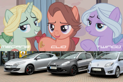 Size: 1236x829 | Tagged: safe, edit, edited screencap, screencap, character:dear darling, character:fond feather, character:swoon song, species:pony, episode:hard to say anything, g4, my little pony: friendship is magic, bimbettes, car, renault, renault clio, renault megane, renault twingo, trio