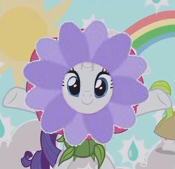 Size: 738x715 | Tagged: safe, edit, edited screencap, screencap, character:rarity, character:sweetie belle, species:pony, episode:forever filly, g4, my little pony: friendship is magic, flower, flower costume, flowerity, solo focus, thankful reaction