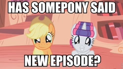 Size: 960x540 | Tagged: safe, edit, edited screencap, screencap, character:applejack, character:rarity, episode:look before you sleep, g4, my little pony: friendship is magic, caption, clothing, episode, hair curlers, hat, hype, image macro, meme, roflbot, smiling, text