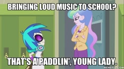 Size: 600x337 | Tagged: safe, edit, edited screencap, screencap, character:dj pon-3, character:princess celestia, character:principal celestia, character:vinyl scratch, episode:music to my ears, g4, my little pony: equestria girls, my little pony:equestria girls, image macro, meme, paddling, the simpsons