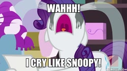 Size: 600x337 | Tagged: source needed, safe, edit, edited screencap, screencap, character:rarity, species:pony, episode:forever filly, g4, my little pony: friendship is magic, crying, family guy, female, image macro, makeup, meme, ocular gushers, running makeup, solo