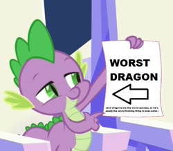Size: 558x488 | Tagged: safe, edit, edited screencap, screencap, character:spike, species:dragon, episode:the crystalling, g4, my little pony: friendship is magic, abuse, exploitable meme, forced meme, male, meme, op is a duck, solo, spike holding a paper, spikeabuse, vulgar, worst pony