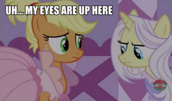 Size: 849x500 | Tagged: safe, edit, edited screencap, screencap, character:applejack, character:lily lace, species:earth pony, species:pony, species:unicorn, episode:honest apple, g4, my little pony: friendship is magic, alternate hairstyle, clothing, dress, female, image macro, mare, meme, my eyes are up here