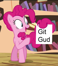Size: 717x810 | Tagged: safe, edit, edited screencap, screencap, character:pinkie pie, species:pony, episode:three's a crowd, g4, my little pony: friendship is magic, cropped, dark souls, exploitable meme, female, git gud, meme, pinkie's exciting flyer, prehensile tail, solo, tail hold