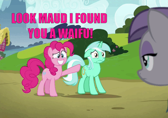 Size: 568x398 | Tagged: safe, edit, edited screencap, screencap, character:bon bon, character:lyra heartstrings, character:maud pie, character:pinkie pie, character:sweetie drops, species:earth pony, species:pony, species:unicorn, ship:lyrabon, episode:rock solid friendship, g4, my little pony: friendship is magic, animated, butt touch, exploitable meme, eye twitch, female, gif, hoof on butt, lesbian, meme, pie sisters, pushing, rump push, shipping, siblings, sisters, waifu thief
