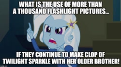 Size: 896x500 | Tagged: safe, edit, edited screencap, screencap, character:trixie, equestria girls:rainbow rocks, g4, my little pony: equestria girls, my little pony:equestria girls, female, grammar error, image macro, meme, solo, trixie yells at everything