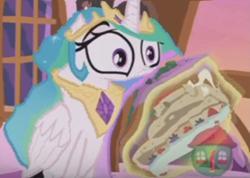 Size: 1513x1075 | Tagged: dead source, safe, edit, edited screencap, screencap, character:princess celestia, species:alicorn, species:pony, episode:a royal problem, g4, my little pony: friendship is magic, content-aware scale, faec, female, food, funny, funny as hell, majestic as fuck, mare, pancakes, solo