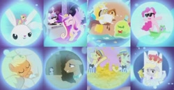 Size: 1920x996 | Tagged: safe, edit, edited screencap, screencap, character:angel bunny, character:applejack, character:bright mac, character:derpy hooves, character:discord, character:doctor whooves, character:flam, character:flim, character:fluttershy, character:gummy, character:pear butter, character:pinkie pie, character:princess cadance, character:princess flurry heart, character:smooze, character:time turner, species:pegasus, species:pony, ship:brightbutter, episode:a royal problem, g4, my little pony: friendship is magic, applejack's parents, babyjack, bits, coin, dj flurry heart, doctor who, dream, dream orbs, female, flim flam brothers, foal, foreshadowing, interspecies, male, mare, money, pillow, pillow fight, princess derpy, scepter, shipping, stallion, statue, straight, twilight scepter, underp, unshorn fetlocks, wall of tags, weeping angel