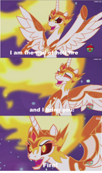 Size: 1920x3240 | Tagged: safe, edit, edited screencap, screencap, character:daybreaker, character:princess celestia, episode:a royal problem, g4, my little pony: friendship is magic, arthur brown, exploitable meme, female, fire (song), lyrics, mane of fire, meme, screencap comic, solo, song reference, text