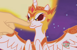 Size: 759x493 | Tagged: safe, edit, edited screencap, screencap, character:daybreaker, character:princess celestia, species:human, episode:a royal problem, g4, my little pony: friendship is magic, boop, boop edit, disembodied hand, hand, nose wrinkle, this will end in fire, this will end in heartburn, this will end in pain, treehouse logo