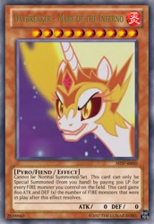 Size: 419x610 | Tagged: safe, edit, edited screencap, screencap, character:daybreaker, character:princess celestia, species:pony, episode:a royal problem, g4, my little pony: friendship is magic, card, evil grin, female, grin, rapidash, smiling, solo, trading card edit, yu-gi-oh!