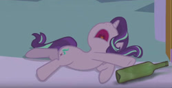 Size: 853x438 | Tagged: safe, edit, edited screencap, screencap, character:starlight glimmer, species:pony, species:unicorn, episode:a royal problem, g4, my little pony: friendship is magic, bottle, cute, drunk, drunklight glimmer, female, glimmerbetes, mare, open mouth, passed out, rekt, sleepy starlight, solo