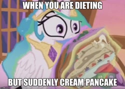 Size: 704x499 | Tagged: safe, edit, edited screencap, screencap, character:princess celestia, species:alicorn, species:pony, episode:a royal problem, g4, my little pony: friendship is magic, caption, content-aware scale, faec, female, food, image macro, meme, pancakes, pc, solo, wide eyes