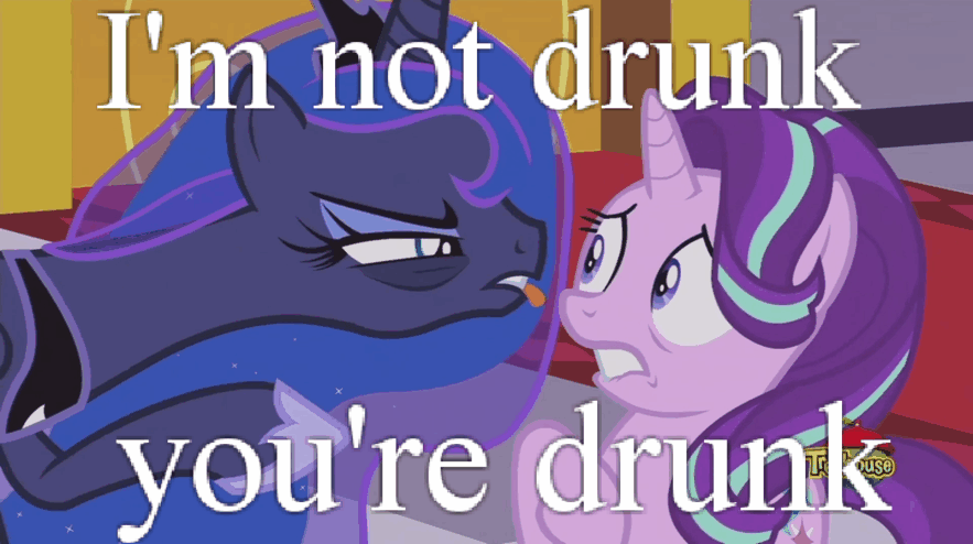Size: 883x494 | Tagged: safe, edit, edited screencap, screencap, character:princess luna, character:starlight glimmer, species:pony, episode:a royal problem, g4, my little pony: friendship is magic, animated, bags under eyes, blatant lies, drunk, drunk luna, gif, image macro, meme, poking
