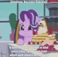 Size: 191x187 | Tagged: safe, edit, edited screencap, screencap, character:starlight glimmer, species:pony, species:unicorn, episode:a royal problem, g4, my little pony: friendship is magic, animated, aweeg*, chewing, cropped, crossover, cute, eating, female, food, gif, gif for breezies, glimglam, glimmerbetes, lowres, mare, munchlax, pancakes, picture for breezies, pokémon, puffy cheeks, solo