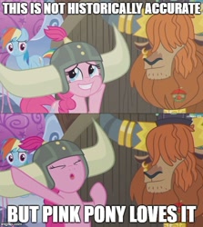Size: 500x561 | Tagged: safe, edit, edited screencap, screencap, character:pinkie pie, character:prince rutherford, character:rainbow dash, species:yak, episode:not asking for trouble, g4, my little pony: friendship is magic, helmet, honorary yak horns, horned helmet, official yak helmet, viking, viking helmet