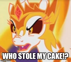 Size: 358x311 | Tagged: safe, edit, edited screencap, screencap, character:daybreaker, character:princess celestia, species:alicorn, species:pony, episode:a royal problem, g4, my little pony: friendship is magic, angry, cake, cakelestia, cropped, daycaker, female, food, image macro, meme, solo