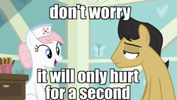 Size: 1920x1090 | Tagged: safe, edit, edited screencap, screencap, character:cherry cola, character:nurse redheart, species:earth pony, species:pony, episode:a flurry of emotions, g4, my little pony: friendship is magic, cute, female, frown, happy, image macro, lidded eyes, male, mare, meme, open mouth, sad, sitting, smiling, stallion, tongue depressor