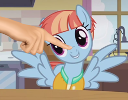 Size: 530x414 | Tagged: safe, edit, edited screencap, screencap, character:windy whistles, species:pegasus, species:pony, episode:parental glideance, g4, my little pony: friendship is magic, boop, boop edit, cute, disembodied hand, female, hand, mare, smiling, solo, spread wings, windybetes, wings