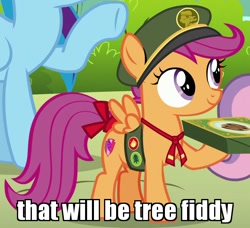 Size: 620x566 | Tagged: safe, edit, edited screencap, screencap, character:rainbow dash, character:scootaloo, character:sweetie belle, species:pegasus, species:pony, episode:28 pranks later, g4, my little pony: friendship is magic, cutie mark, filly guides, image macro, loch ness monster, meme, outfit catalog, south park, the cmc's cutie marks, tree fiddy