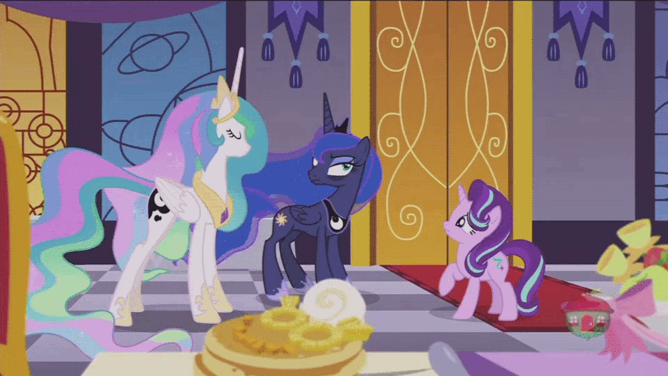 Size: 960x540 | Tagged: safe, edit, edited screencap, screencap, character:princess celestia, character:princess luna, character:starlight glimmer, species:alicorn, species:pony, episode:a royal problem, g4, my little pony: friendship is magic, animated, bad joke, bags under eyes, banner, canterlot castle, caption, food, fruit, gif, glare, grin, looking up, oops, pancakes, pineapple, rug, sheepish, sheepish grin, smiling, squint, stained glass, swapped cutie marks, talking, text, treehouse logo, unamused, wat