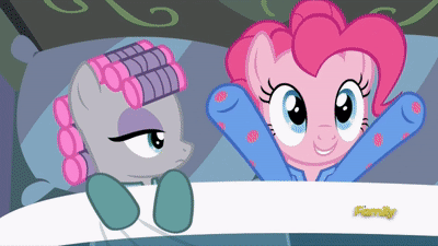 Size: 400x225 | Tagged: safe, edit, screencap, character:maud pie, character:pinkie pie, species:pony, episode:rock solid friendship, g4, my little pony: friendship is magic, animated, bed, clapping, clothing, cute, diapinkes, discovery family logo, footed sleeper, gif, hair curlers, loop, pajamas, pillow