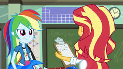 Size: 300x168 | Tagged: safe, edit, edited screencap, screencap, character:rainbow dash, character:sunset shimmer, comic:a new change, episode:the science of magic, g4, my little pony: equestria girls, my little pony:equestria girls, bad edit, fanfic, pregnant, pregnant edit, teen pregnancy
