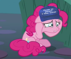 Size: 336x278 | Tagged: safe, edit, edited screencap, screencap, character:pinkie pie, species:earth pony, species:pony, episode:rock solid friendship, g4, my little pony: friendship is magic, autism, cap, clothing, cropped, crying, female, hat, meme, please be patient i have autism, sad, solo