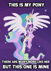 Size: 447x614 | Tagged: safe, edit, edited screencap, screencap, character:princess celestia, character:starlight glimmer, species:alicorn, species:pony, species:unicorn, ship:starlestia, episode:a royal problem, g4, my little pony: friendship is magic, caption, cropped, cute, cutelestia, female, glimmerbetes, holding a pony, mare, meme, rifleman's creed, spread wings, swapped cutie marks, wings