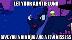 Size: 625x350 | Tagged: safe, edit, edited screencap, screencap, character:princess luna, species:pony, episode:luna eclipsed, g4, my little pony: friendship is magic, bronybait, ethereal mane, female, galaxy mane, hug, image macro, mare, misspelling, open mouth, smiling, spread wings, wings