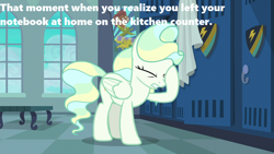 Size: 1280x720 | Tagged: safe, edit, edited screencap, screencap, character:vapor trail, species:pegasus, species:pony, episode:top bolt, g4, my little pony: friendship is magic, eyes closed, facehoof, female, locker room, lockers, mare, solo, window