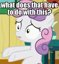 Size: 437x475 | Tagged: safe, edit, edited screencap, screencap, character:sweetie belle, species:pony, episode:the fault in our cutie marks, g4, my little pony: friendship is magic, confused, cropped, female, image macro, meme, reaction image, solo