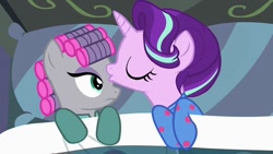 Size: 960x540 | Tagged: safe, edit, edited screencap, screencap, character:maud pie, character:starlight glimmer, species:pony, episode:rock solid friendship, g4, my little pony: friendship is magic, bed, clothing, female, forehead kiss, goodnight kiss, kissing, lesbian, pajamas, sheet, shipping, starmaud