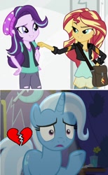 Size: 634x1028 | Tagged: safe, edit, edited screencap, screencap, character:starlight glimmer, character:sunset shimmer, character:trixie, species:pony, ship:shimmerglimmer, episode:no second prances, equestria girls:mirror magic, g4, my little pony: equestria girls, my little pony: friendship is magic, my little pony:equestria girls, spoiler:eqg specials, counterparts, female, heartbreak, lesbian, shipping, twilight's counterparts