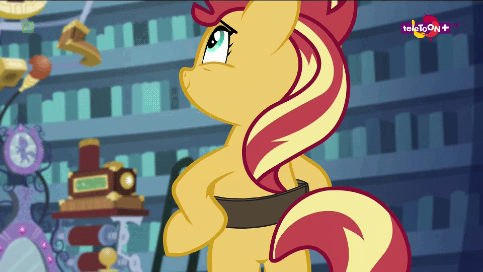 Size: 960x540 | Tagged: safe, edit, screencap, character:sunset shimmer, species:pony, species:unicorn, equestria girls:mirror magic, g4, my little pony: equestria girls, my little pony:equestria girls, spoiler:eqg specials, anatomically incorrect, animated, belt, bipedal, book, covering, cute, female, gif, hooves on hips, in the human world for too long, incorrect leg anatomy, library, looking up, loop, mare, plot, portal, shimmerbetes, shy, smiling, solo, teletoon, twilight's castle, we don't normally wear clothes