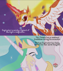 Size: 960x1080 | Tagged: safe, edit, edited screencap, screencap, character:daybreaker, character:princess celestia, episode:a royal problem, g4, my little pony: friendship is magic, crying, eyes closed, facehoof, fire, fridge horror, glare, magic, night, nightmare, text, theory