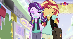 Size: 1364x724 | Tagged: safe, edit, edited screencap, screencap, character:starlight glimmer, character:sunset shimmer, ship:shimmerglimmer, equestria girls:mirror magic, g4, my little pony: equestria girls, my little pony:equestria girls, spoiler:eqg specials, bag, beanie, clothing, eating, female, food, geode of empathy, hat, hug, ice cream, jacket, jewelry, leather jacket, lesbian, lidded eyes, looking at each other, magical geodes, messy eating, necklace, pendant, shipping, teletoon, thick, watch, wide hips
