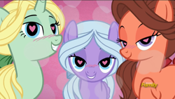Size: 800x450 | Tagged: safe, edit, edited screencap, screencap, character:dear darling, character:fond feather, character:swoon song, species:pony, episode:hard to say anything, g4, my little pony: friendship is magic, bedroom eyes, bimbettes, blushing, female, heart eyes, mare, wingding eyes