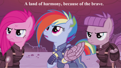 Size: 1280x721 | Tagged: safe, edit, edited screencap, screencap, character:maud pie, character:pinkamena diane pie, character:pinkie pie, character:rainbow dash, episode:the cutie re-mark, alternate timeline, amputee, apinkalypse pie, apocalypse dash, apocalypse maud, artificial wings, augmented, crystal war timeline, prosthetic limb, prosthetic wing, prosthetics, text, wings