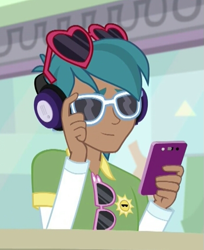 Size: 461x565 | Tagged: safe, edit, screencap, my little pony:equestria girls, spoiler:eqg specials, background human, carlos thunderbolt, cellphone, cropped, phone, smartphone, smiling, solo, sunglasses