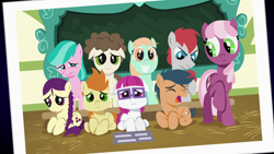 Size: 1920x1080 | Tagged: safe, edit, edited screencap, screencap, character:aquamarine, character:boysenberry, character:cheerilee, character:first base, character:peach fuzz, character:super funk, character:train tracks, species:pony, episode:a flurry of emotions, g4, my little pony: friendship is magic, chalkboard, gallop j. fry, little red, photo, ponyville schoolhouse, school