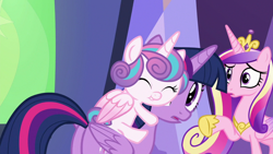 Size: 1280x720 | Tagged: safe, edit, edited screencap, screencap, character:princess cadance, character:princess flurry heart, character:twilight sparkle, character:twilight sparkle (alicorn), species:alicorn, species:pony, episode:a flurry of emotions, g4, my little pony: friendship is magic, butt, diaperless edit, female, filly, nude edit, nudity, plot, ponies riding ponies, twilight's castle