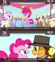 Size: 640x720 | Tagged: safe, edit, edited screencap, screencap, character:boneless, character:cheese sandwich, character:cloud kicker, character:linky, character:mjölna, character:pinkie pie, character:shoeshine, character:silver spanner, character:twinkleshine, species:pony, episode:pinkie pride, g4, my little pony: friendship is magic, cinemare sins, female, filly, filly pinkie pie, juggling, rubber chicken, younger