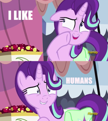 Size: 915x1024 | Tagged: safe, edit, edited screencap, screencap, character:starlight glimmer, species:pony, episode:rock solid friendship, g4, my little pony: friendship is magic, discovery family logo, exploitable meme, female, humie, image macro, meme, solo, starlight's confessions