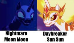 Size: 1396x822 | Tagged: safe, edit, edited screencap, screencap, character:daybreaker, character:nightmare moon, character:princess celestia, character:princess luna, species:alicorn, species:pony, episode:a royal problem, episode:the cutie re-mark, g4, my little pony: friendship is magic, comparison, cropped, evil grin, grin, moon, moon moon, nightmare moon moon, royal sisters, smiling, sun, sun sun