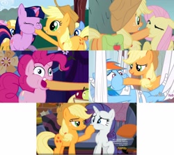 Size: 1152x1024 | Tagged: safe, edit, edited screencap, screencap, character:apple cider, character:apple cobbler, character:applejack, character:fluttershy, character:pinkie pie, character:rainbow dash, character:rarity, character:twilight sparkle, species:pony, episode:dragonshy, episode:friendship is magic, episode:made in manehattan, episode:rainbow falls, g4, my little pony: friendship is magic, apple family member, hoof in mouth, hoofjack, mane six