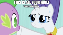 Size: 1011x568 | Tagged: safe, edit, edited screencap, screencap, character:rarity, character:spike, species:pony, species:unicorn, episode:secret of my excess, g4, my little pony: friendship is magic, caption, crying, falling, female, fire ruby, mare, peril, scene parody, vulgar